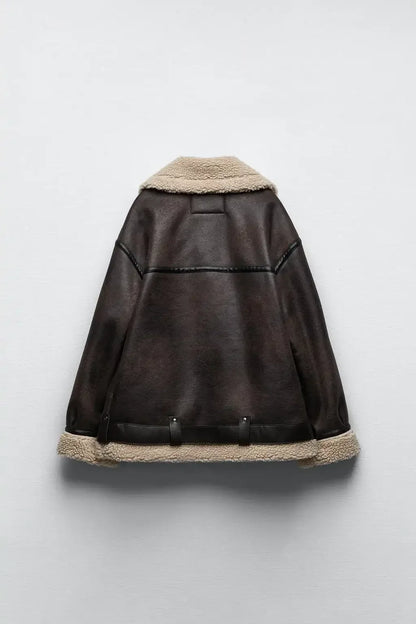 Frau dicke warme doppelseitige Faux Shear ling Jacke Herbst Winter neue Revers Langarm Gürtel Saum Reiß verschluss weibliche Oberbekleidung