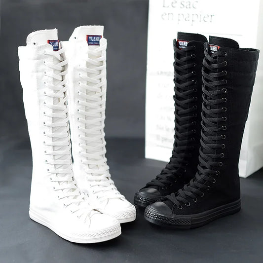 Women Shoe Canvas Casual High Top Shoes Long Boot Lace-Up Zipper Comfortable Flat Boot Sneakers Tenis Feminino Spring Autumn.