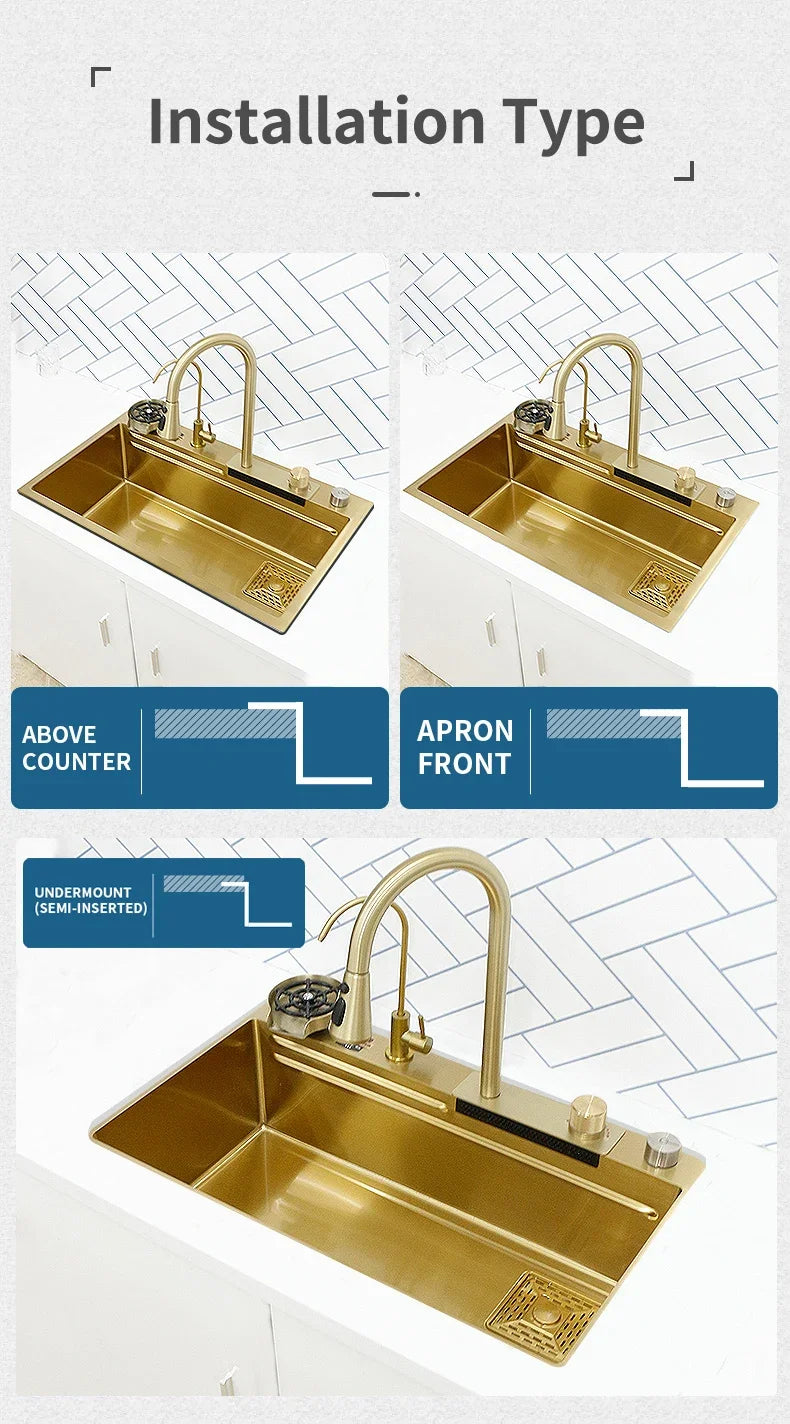 Waterfall Kitchen Sink Gold 304 Stainless Steel Modern Multifuctional Large Sink  Above Counter Apron Front Installation