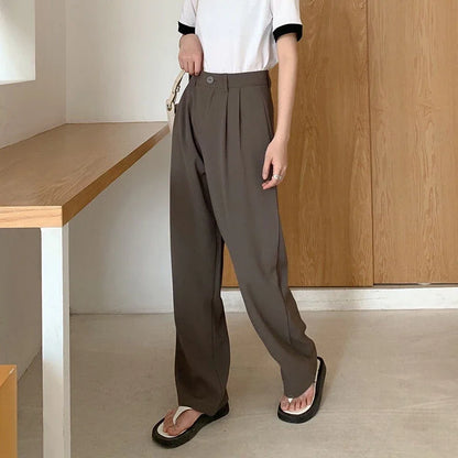 Hohe Taille Frauen Anzug Hosen fallen gerade Büro Damen koreanische Mode Hosen lässig Knopf lose weibliche schwarze Hosen neue 2024