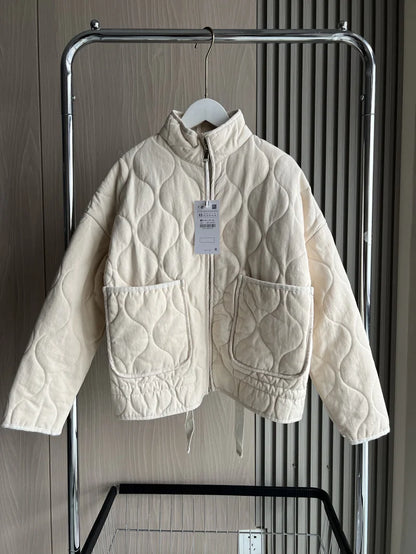 ZW Women's Cotton Jacket  2025 New Arrival Vintage Lenzing Rayon High Collar Large Pocket Decorative Quilted Coat for Women