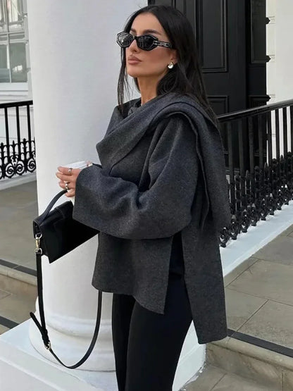 ZBZA Women's Asymmetric Scarf Knitted Jacket O-neck Single Button Side Slit Solid Loose Coat Winter New Female Chic Outerwear.