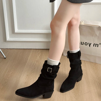 Autumn Winter Suede Pointed Toe Women Ankle Boots Fashion Slip On Thick Heel Shoes Ladies Elegant Slim Short Booties.