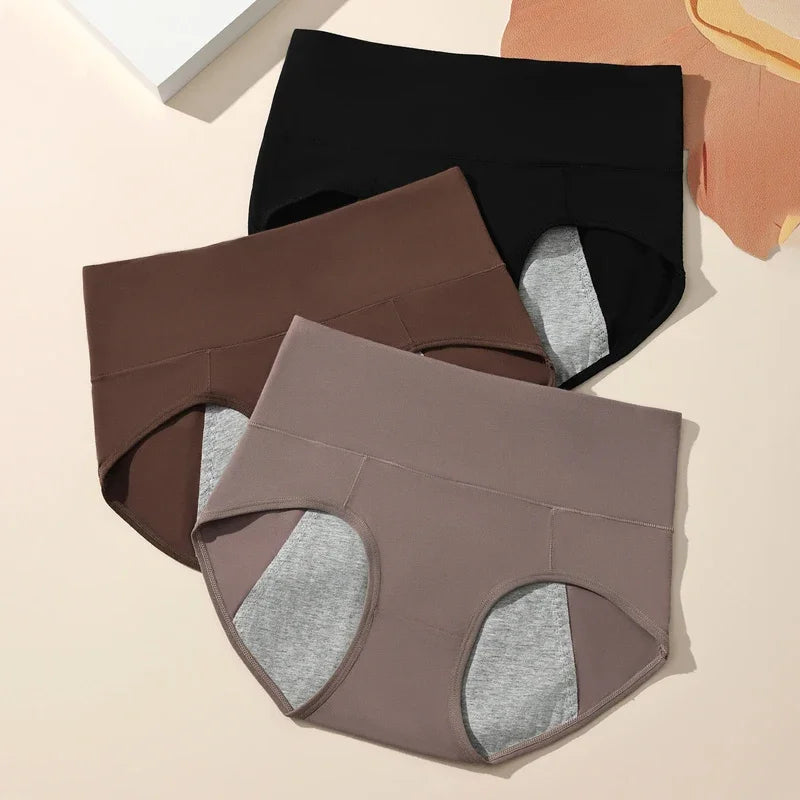 High Waist Period Underwear for Women | Cotton Leak Proof Panties | Anti-Overnight Flow | Plus Size M-4XL (Black/Beige).