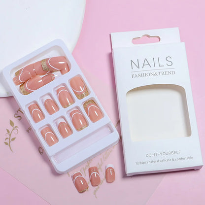 24pcs/set short square fake nails for women cute bride heart white french tips faux ongles y2k press on false nail supplies.