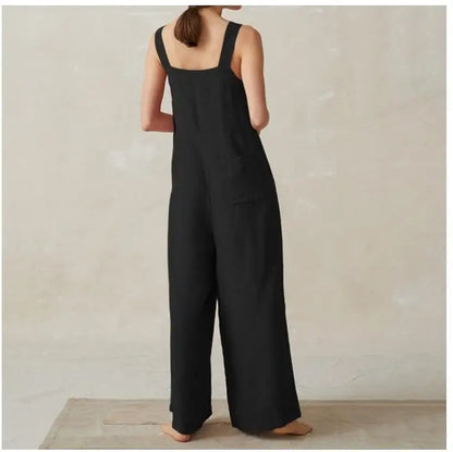Women Cotton Linen Wide Leg Overalls Summer Fashion Off The Shoulder Sleeveless Solid Color Pocket Jumpsuits JYFS-8929.