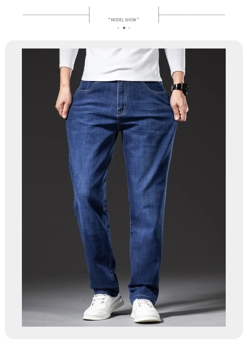 Große Größe 40, 42, 44, 46, lockere, gerade Jeans für Herren, Herbst, neue Business-Casual-Stretchhose, klassische blaue Denim-Hose für Herren.