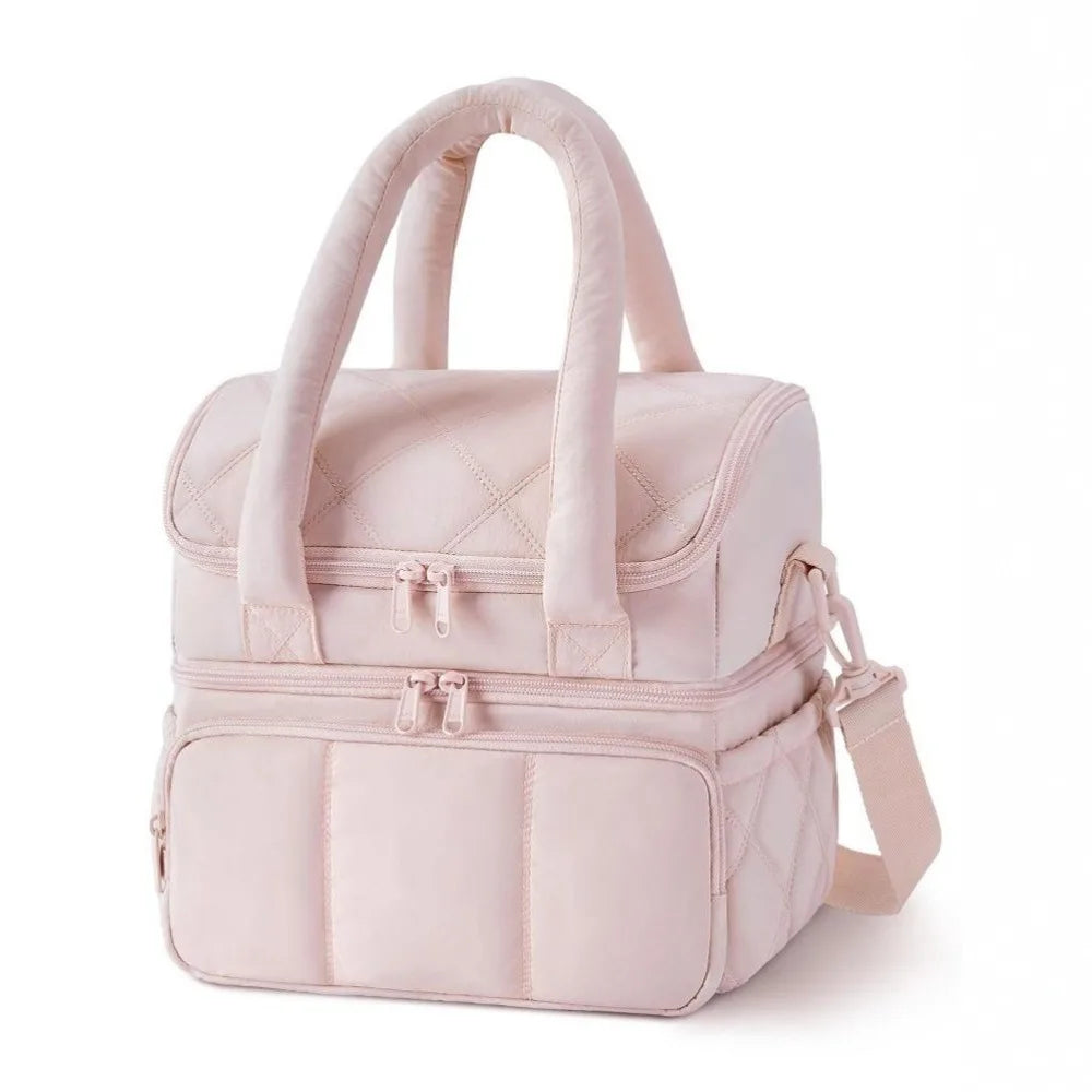 2025 New High Quality Double Deck Cooler Lunch Bag Leakproof Insulated Lunch Box Reusable Durable Puffer Tote for Work School.