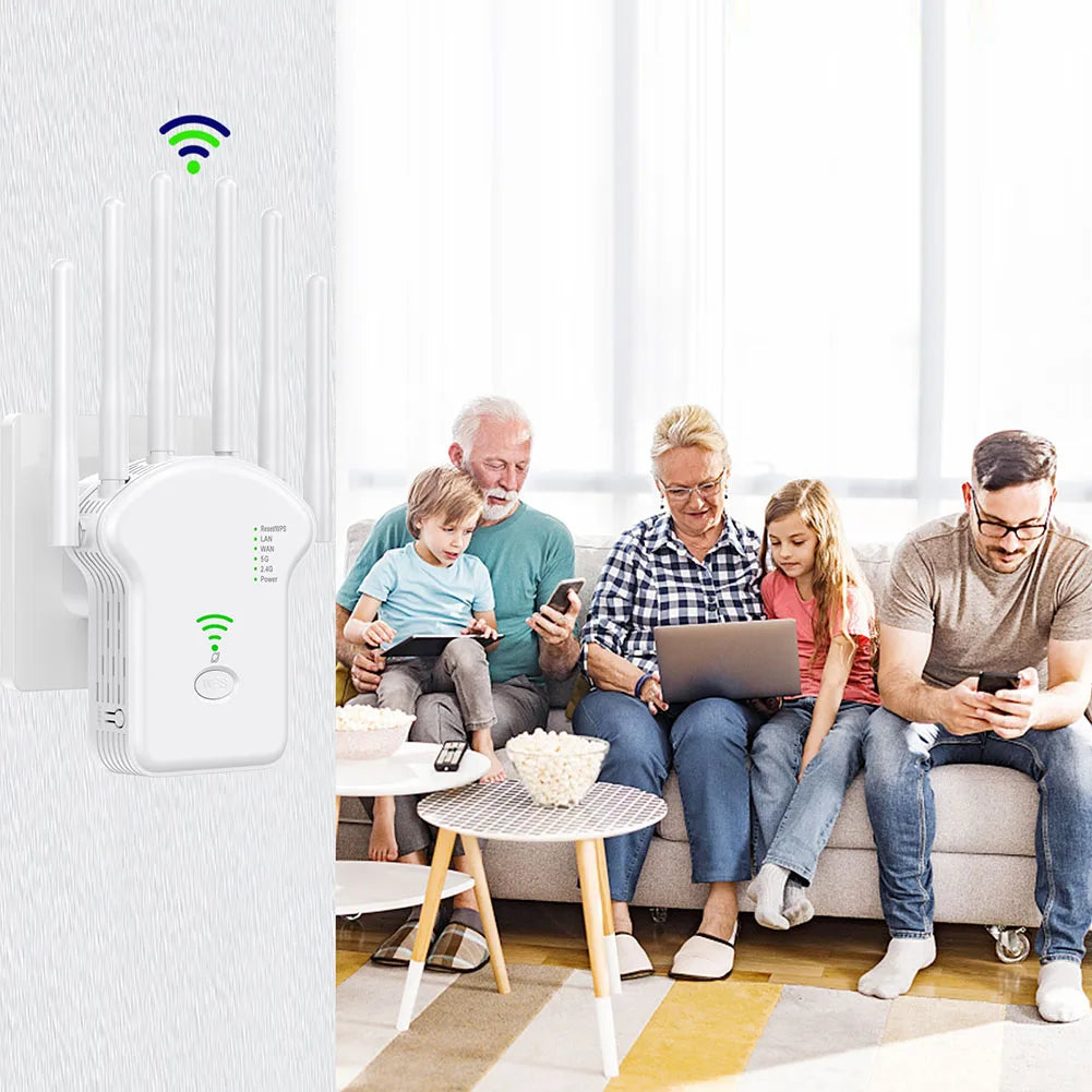 1200Mbps 5GHz Wireless WiFi Repeater WiFi Signal Booster Dual-Band 2.4G 5G WiFi Extender 6 Antenna Network Amplifier WPS Router.