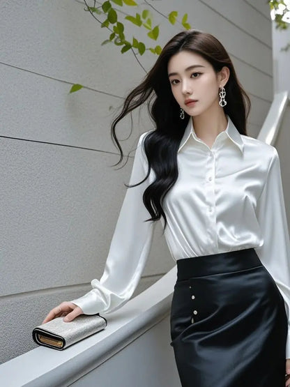 Elegant Silk Office Shirts Women Korean Fashion Y2k Clothes Slim Long Sleeve White Black Blusas Mujer Workwear Tops and Blouses.