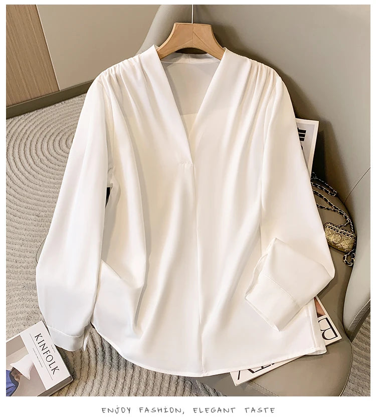 Big Size Women Shirts 2025 Spring Autumn Long Sleeve Office Lady V-Neck Solid Color Blouses Elegant and Youth Woman Tops.