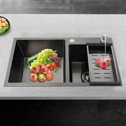 Edelstahlspüle, moderne Küchenspüle, Black Diamond 7843PB, Doppelspüle, Abfluss + Seifenspender zum Reinigen von Geschirr und Gemüse