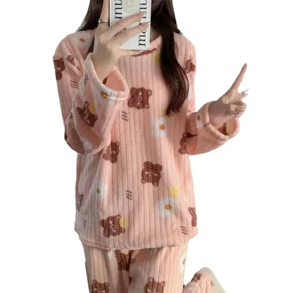 2-teiliges Set, warme Nachtwäsche für Damen im Winter, bedruckter Bär, Korallensamt-Pyjama, Studenten-Flanell-Loungewear, Rundhals-Nachtwäsche.