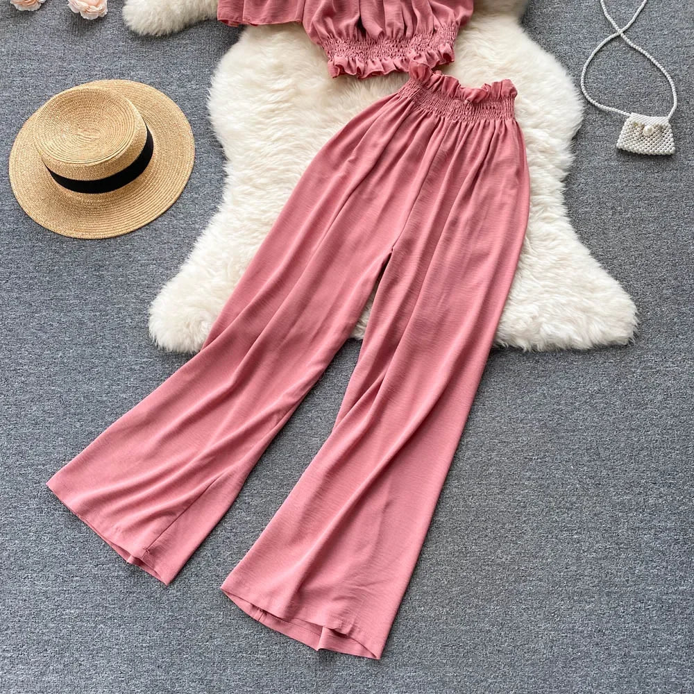 2024 Summer Green/Black/Red Two Piece Set Women Sexy Slash Neck Short Tops + High Waist Wide Leg Pants Female Suit New