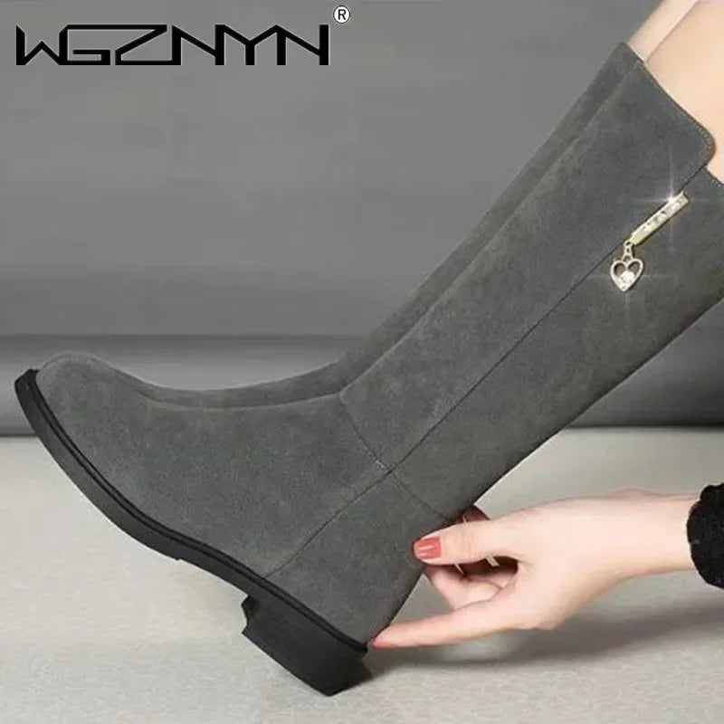 2025 New Women Warm Snow Plush Boots Snow Casual Flat All-match Cotton Fashion Side Zipper Winter Shoes Thigh High Boot Black.