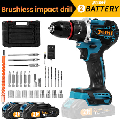 Jemi Tool Akku-Schlagbohrmaschine, mit zwei Geschwindigkeitseinstellungen, ausgestattet mit verschiedenen Größen von Bohrern und Zubehör