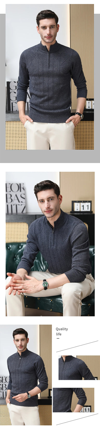 High End 100% Australia Wool Cashmere New Autum Winter Fashion Brand Casual Zip Up Men Pullover Knit Half Turtleneck Sweater.