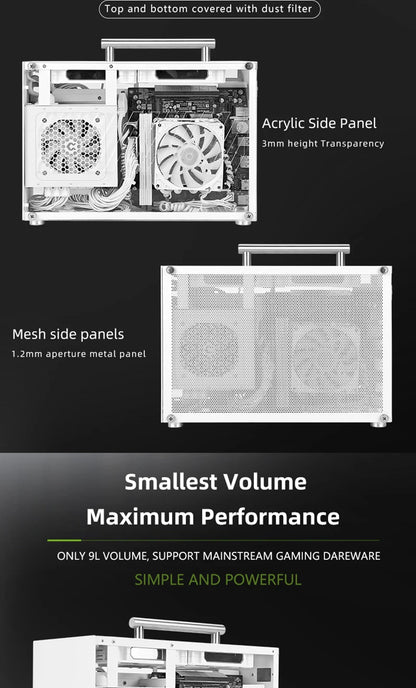 METALFISH T60 Mini ITX White Case 9L With Acrylic Or Mesh Side Panel and Portable Handle Support SFX PSU/300mm GPU/2*120mm Fan.