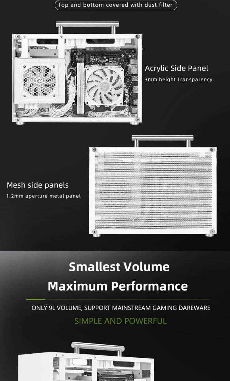 METALFISH T60 Mini ITX Black Case 9L With Acrylic Or Mesh Side Panel and Portable Handle Support SFX PSU/300mm GPU/2*120mm Fan.