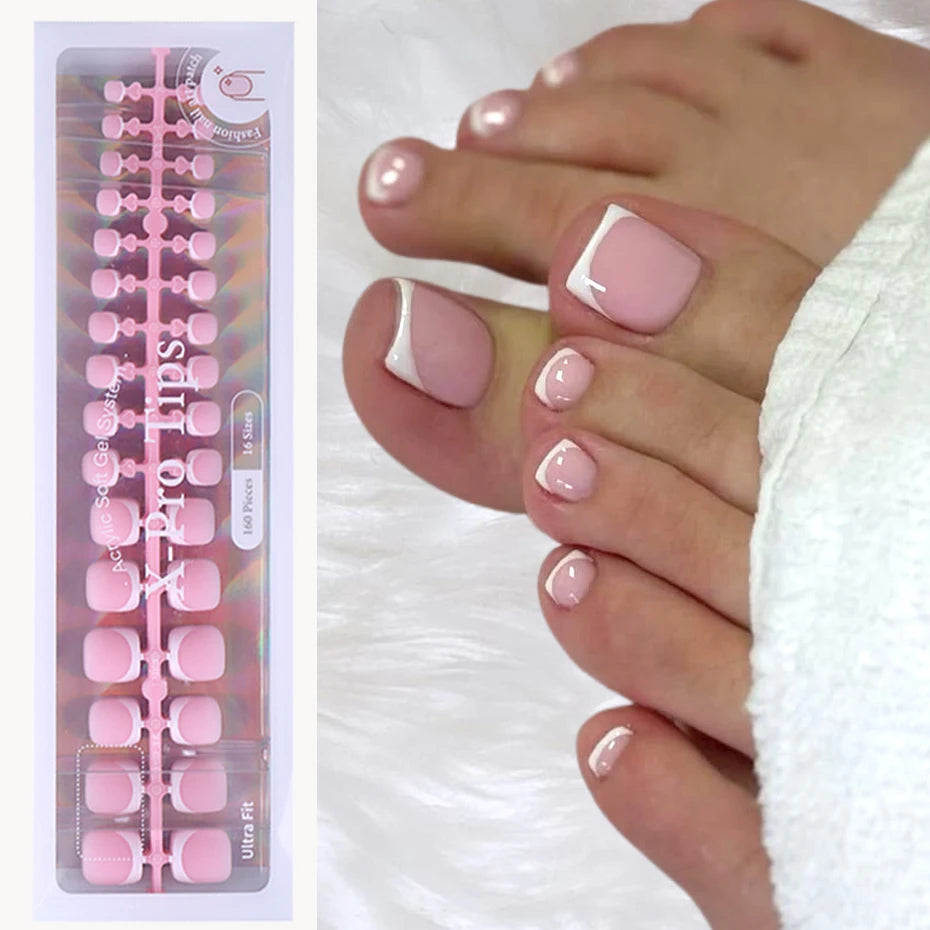 160pcs White Pink French Fake Press on Fake Nails Tips Short Square Full Cover Artificial Acrylic Fake Toenails For Nail Salons.