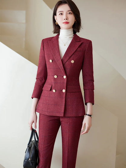 Autumn Winter Red Coffee Blue Black Ladies Pant Suit Women Female Business Work Wear Plaid Jacket and Trouser Blazer 2 Piece Set.