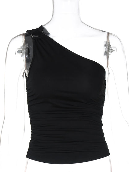 Hugcitar Women'S Fashion Sexy One Shoulder Solid Ruched Sexy Crop Tank Top Summer Clothes Streetwear Party Festival Wholesale.