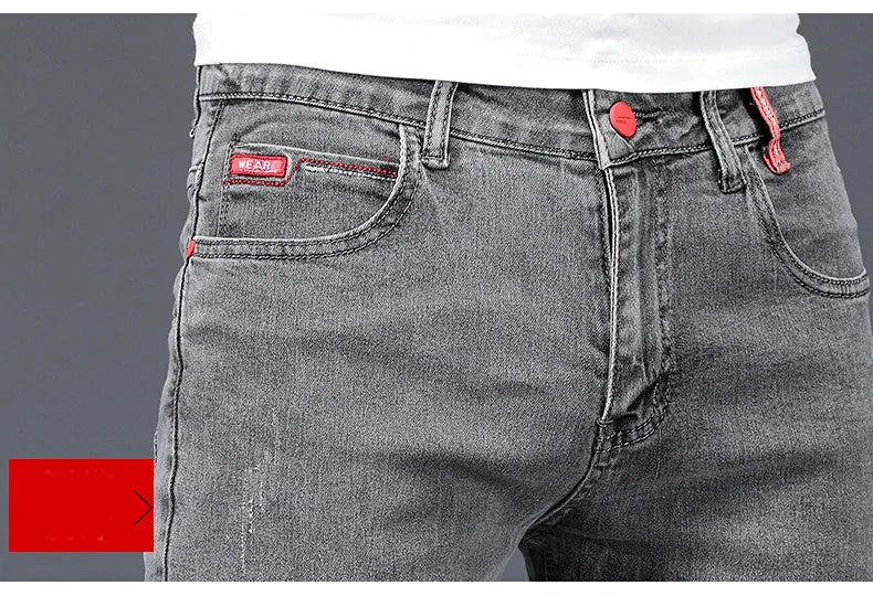 2024 New Men's Cotton Business Casual Skinny Jeans Trendy Fashionable Stretch Straight Slim Denim Trousers Male Blue Grey.