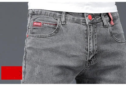 2024 New Men's Cotton Business Casual Skinny Jeans Trendy Fashionable Stretch Straight Slim Denim Trousers Male Blue Grey.