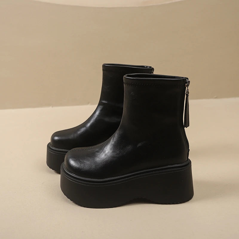 Autumn Winter Chunky Heel Women Short Boots Vintage Round Toe Platform Shoes Ladies Short Plush Gothic Ankle Booties