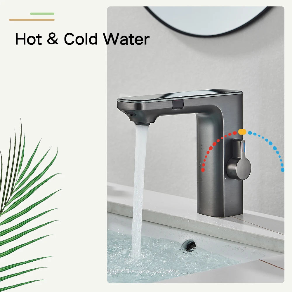 rozin Touchless Sensor Basin Faucet Smart Digital Display Bathroom Sink Faucets Grey Brass Sense Hot Cold Water Mixer Tap Crane