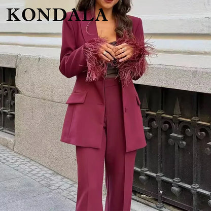 KONDALA 2025 Burgund Quaste Büro Dame Anzüge Einreiher Gerade Blazer + Moderne Gerade Lange Hosen Mode Weiblichen Anzug