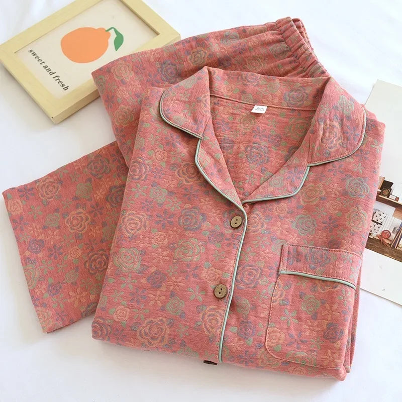 100% Cotton Crepe Homeclothes 2023 Autumn/Winter Women's Pajamas Suit Long-Sleeved Trousers 2-piece Yarn-Dyed Jacquard Pajamas