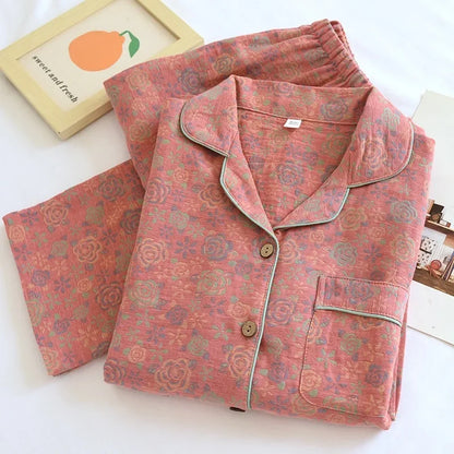 100% Cotton Crepe Homeclothes 2023 Autumn/Winter Women's Pajamas Suit Long-Sleeved Trousers 2-piece Yarn-Dyed Jacquard Pajamas