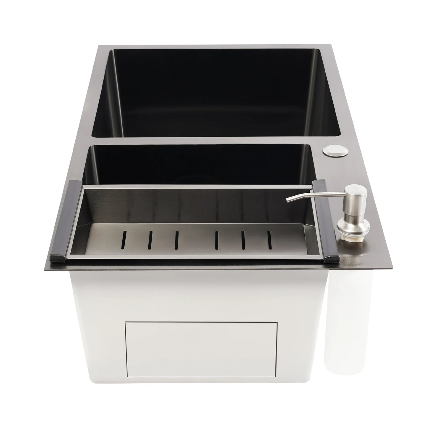 Doppelschüssel-Küchenspüle mit Seifenspender, Abflusskorb, Rohre, Edelstahl 304, 78 x 43 x 22 cm, zusätzliche Aufbewahrung für Restaurants
