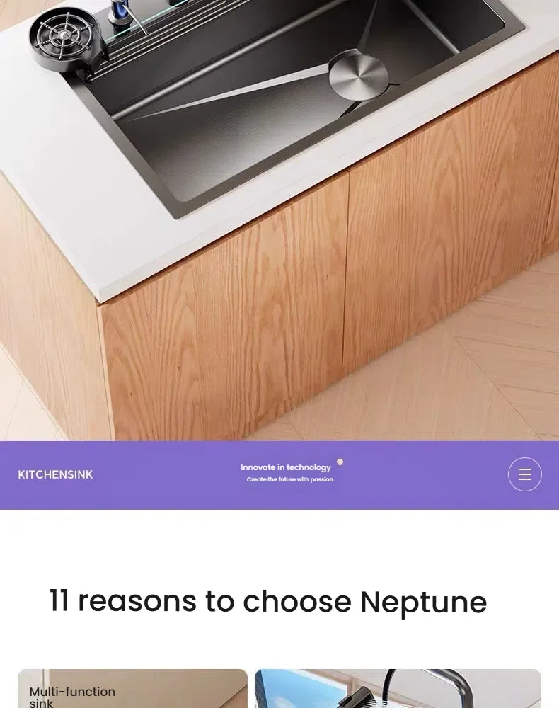 Intelligent Waterfall Stainless Steel Kitchen Sink MultiFunctional Digital Display Porous Large Single Slot Wash Dish Basin