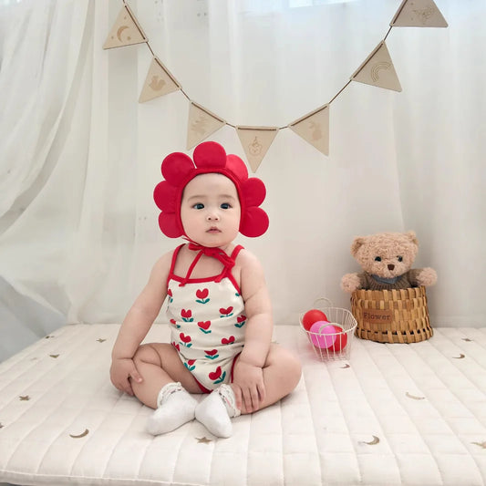 Baby Ein Stück Kleidung 2025, Sommer Koreanische Baby Body Ins Blume Voll Gedruckt Baby Sling Klettern Kleidung Mit Hut