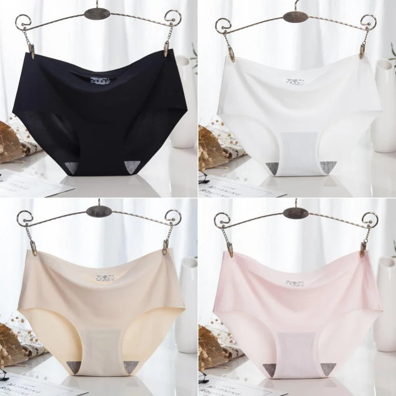 4PCS/Set Plus Size Women's Panties Solid Seamless Underwear Comfortable Breathable Ice Silk Sexy Lingerie Intimates Underpants
