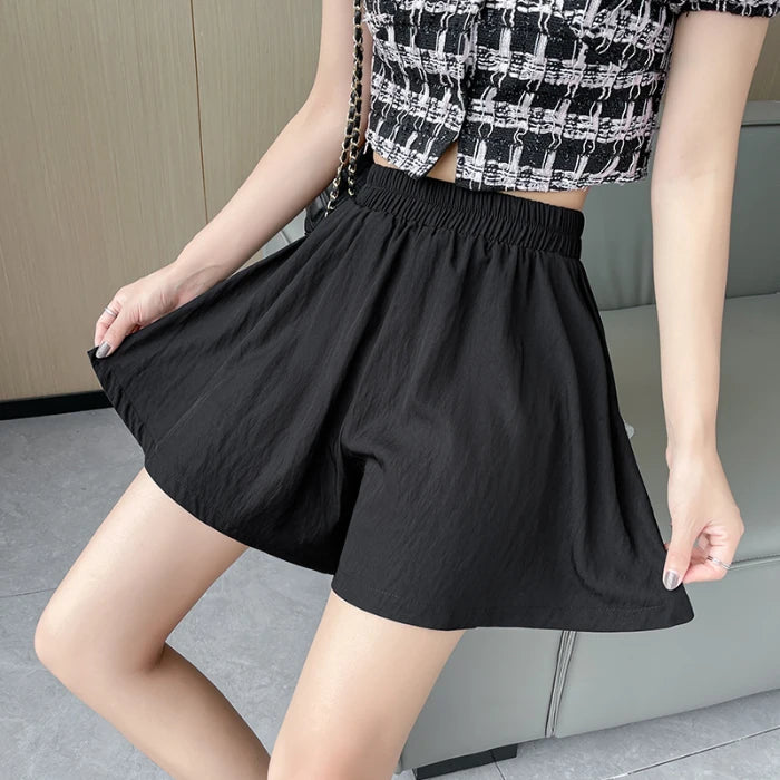 Women Quick Dry Sporty Short Pants Summer Thin Pleated Shorts Skirts High Waist A- Line Five Quarter Pants Cool Wide Leg Pants