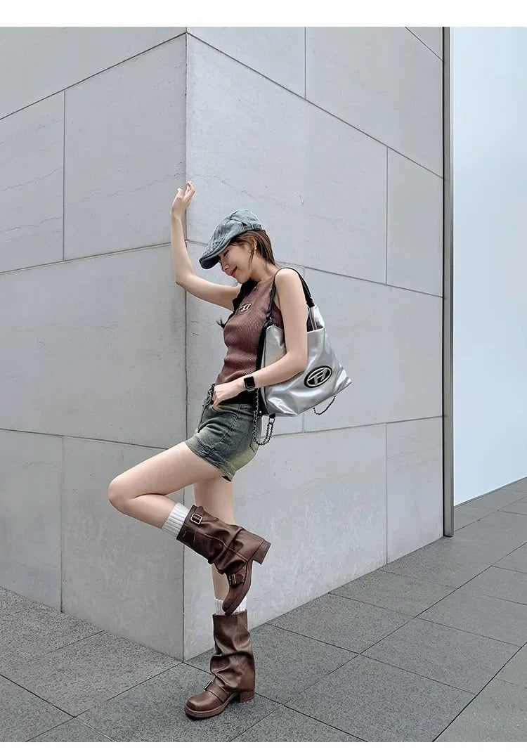 Pleated Buckle Knight Boots for Women Autumn Brown PU Leather Mid Calf Boots Woman Slip-On Thick Heel Riding Botas Mujer 2024.