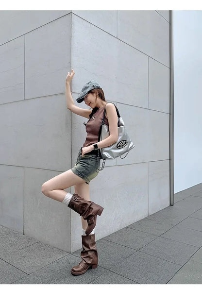 Pleated Buckle Knight Boots for Women Autumn Brown PU Leather Mid Calf Boots Woman Slip-On Thick Heel Riding Botas Mujer 2024.