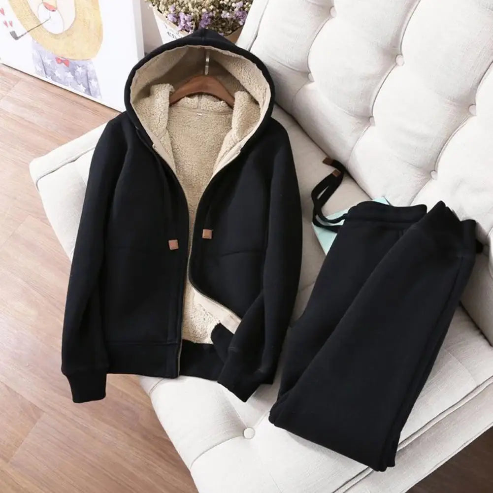 Women's Sweatshirt Pants Suit Autumn and Winter Warm Long-sleeved Fleece Thick Hoodie Coat Jogger Pants Sportswear Two-piece Set.
