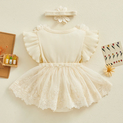 Visgogo Neugeborenen Baby Stram pler Kleid 2 Stück Outfits Mesh Spitze Patchwork Rüschen Bodysuit und Stirnband süße Sommerkleid ung