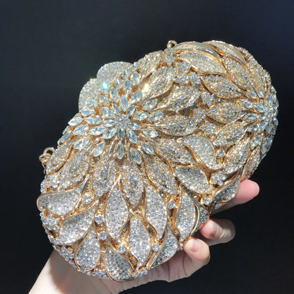 Gold Metal Leaves White Crystals Evening Clutch Bags Luxury Women Wedding Party Purse Ball Handbags Rhinestone Mini heart bag.
