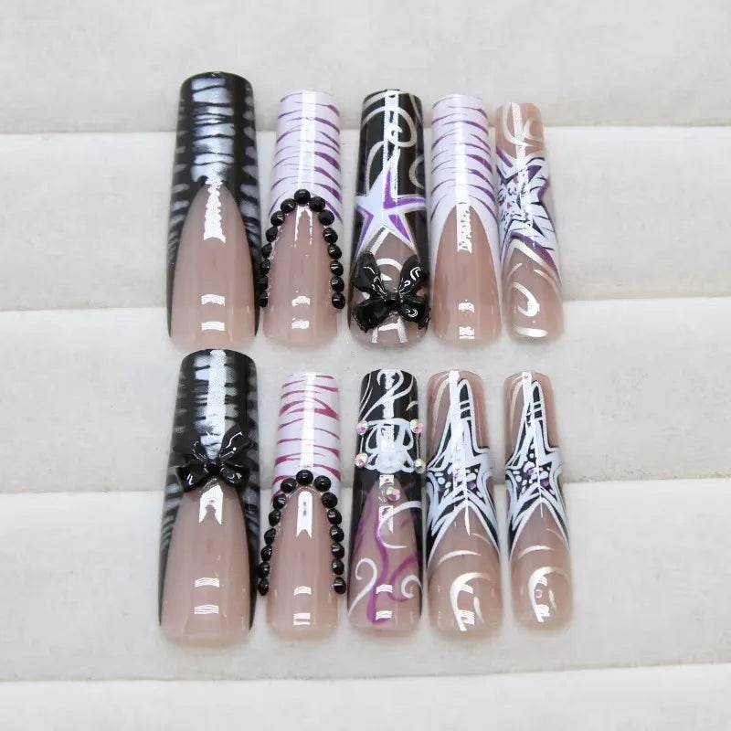 24Pcs Sweet Cool Spice Girl Press on Nails Black French Bow False Nails Y2k Star Glitter Diamond Nail Long Square Gel Fake Nails.