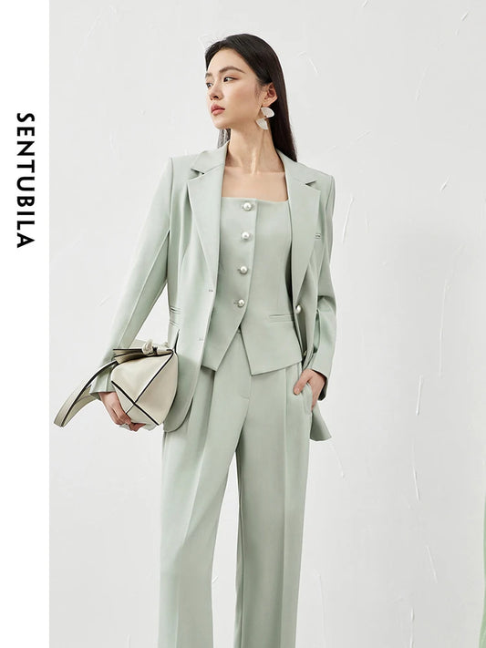 SENTUBILA 3 Piece Blazer Pant Suit Sets Women 2025 Autumn Suit Jacket Waistcoat Dress Pant Office Outfit Matching Set 141Z53565.
