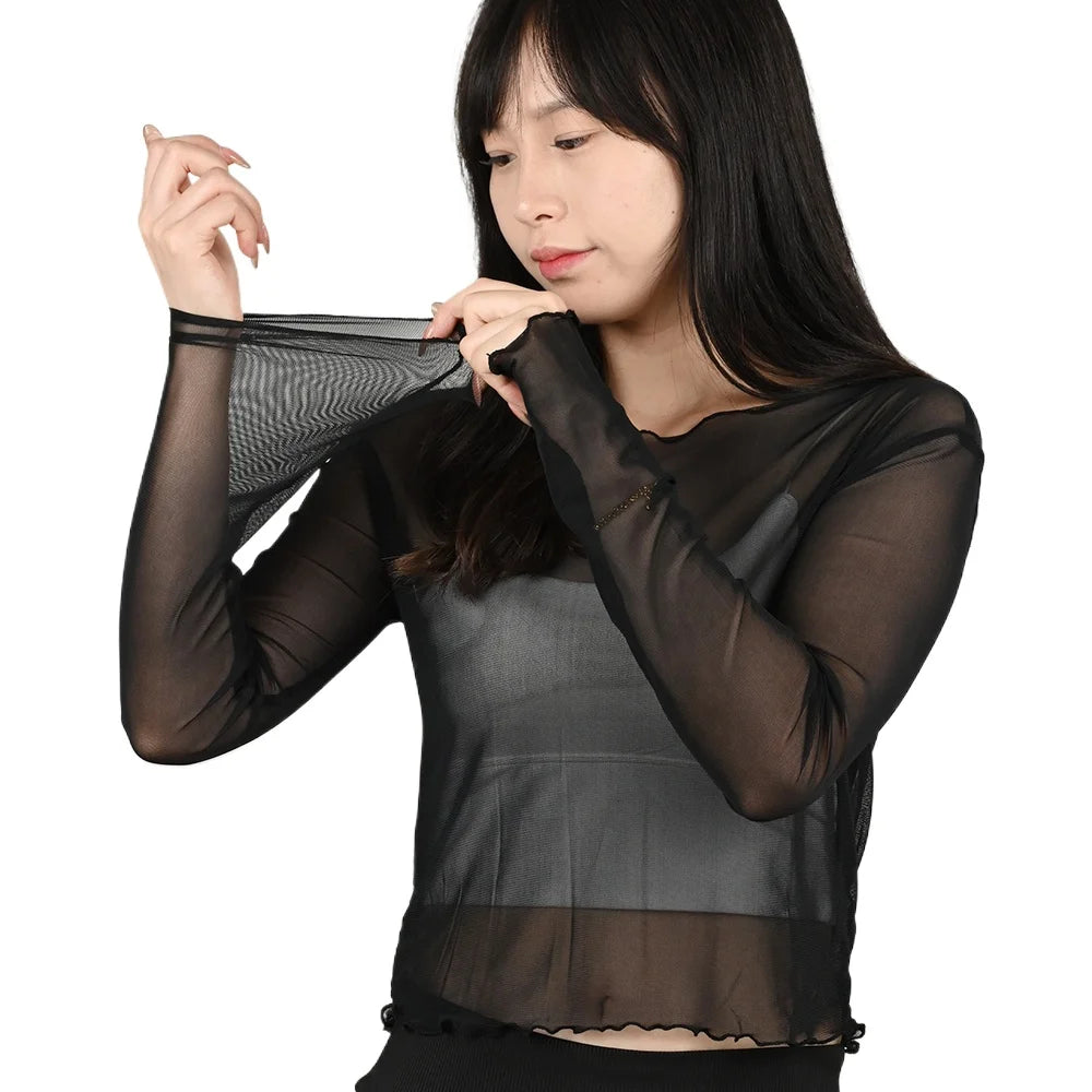 Summer Women Sunscreen T-shirt Girls Sexy Black Mesh Long-sleeved Tops Famale Ice Silk Transparent Sheer Bottom Blouses Shirts.