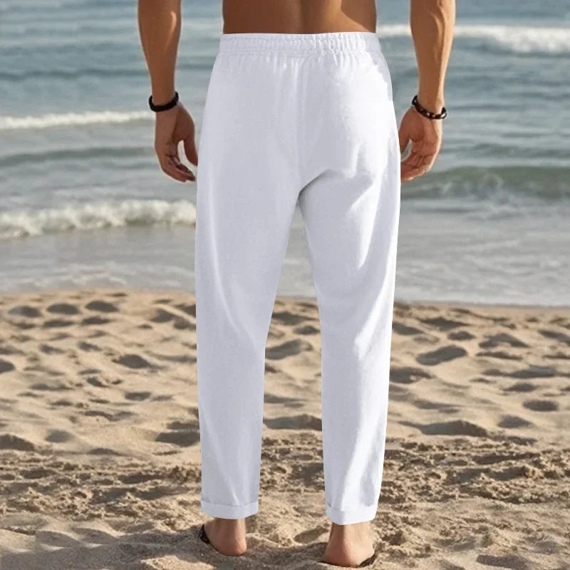 2024 drawstring men's simple fashion solid color casual cotton and linen straight trousers.
