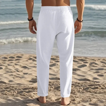2024 drawstring men's simple fashion solid color casual cotton and linen straight trousers.