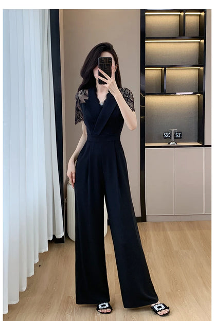 V-neck Solid Office Jumpsuit Women Elegant High Waist Wide Leg Pants Overall 2025 Fashion Slim Hollow Solid Color Romper.