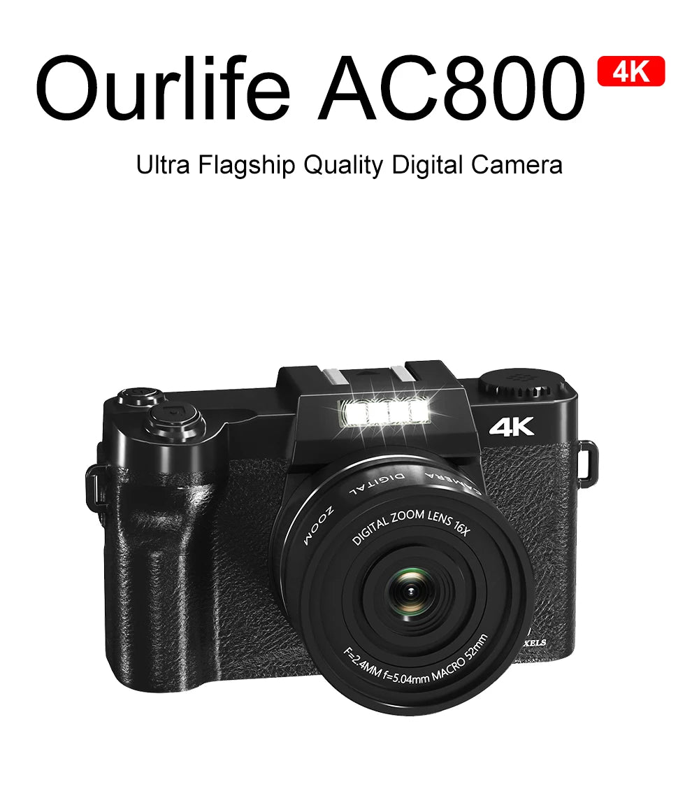 Ourlife AC800 Compact Digital Photography Camera 4K WiFi Webcam Retro Vlog Recorder YouTube 3" Screen 16x Digital Zoom Camera.
